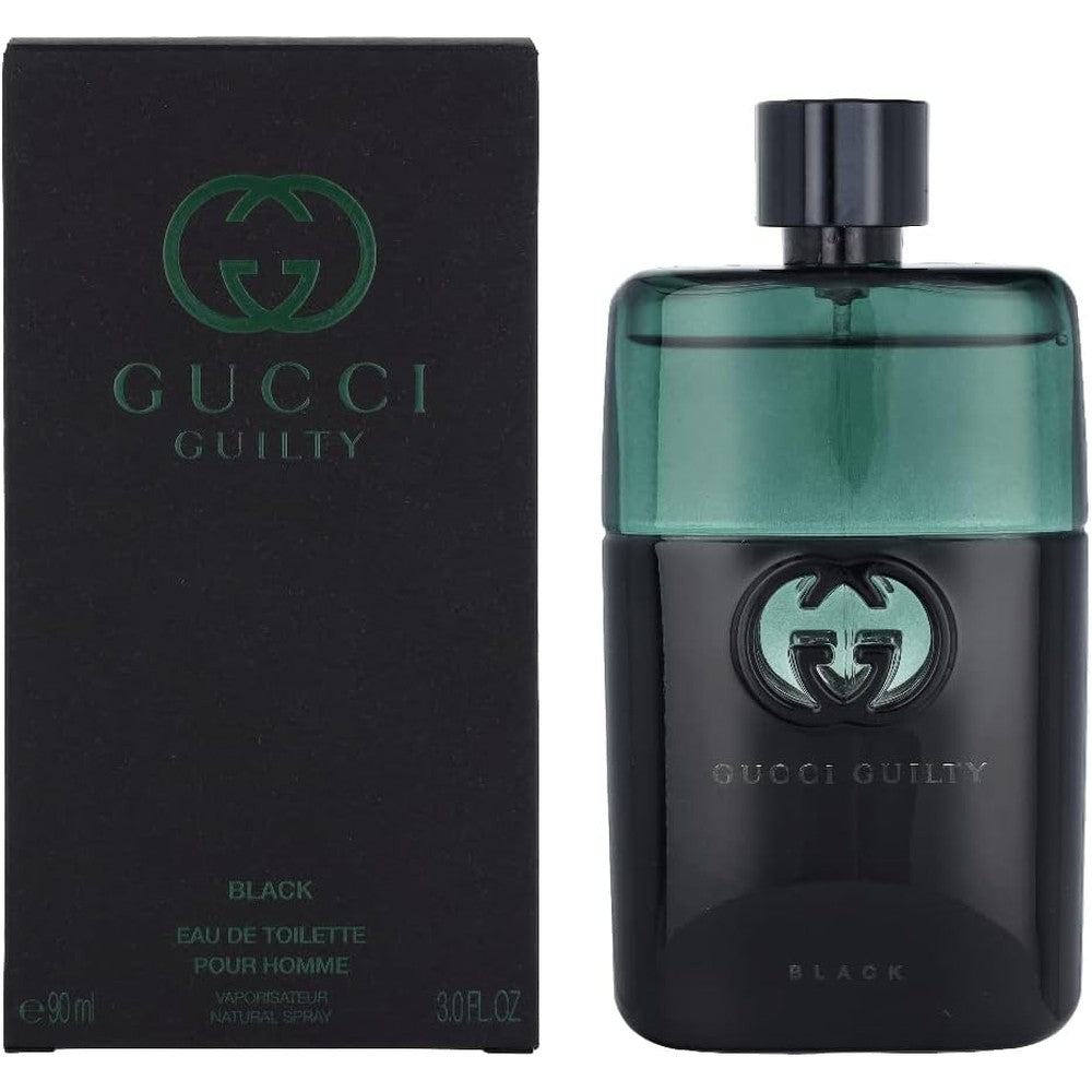 Gucci Guilty Black Pour Homme Eau de Toilette front view showing the signature interlocking logo on a dark bottle.