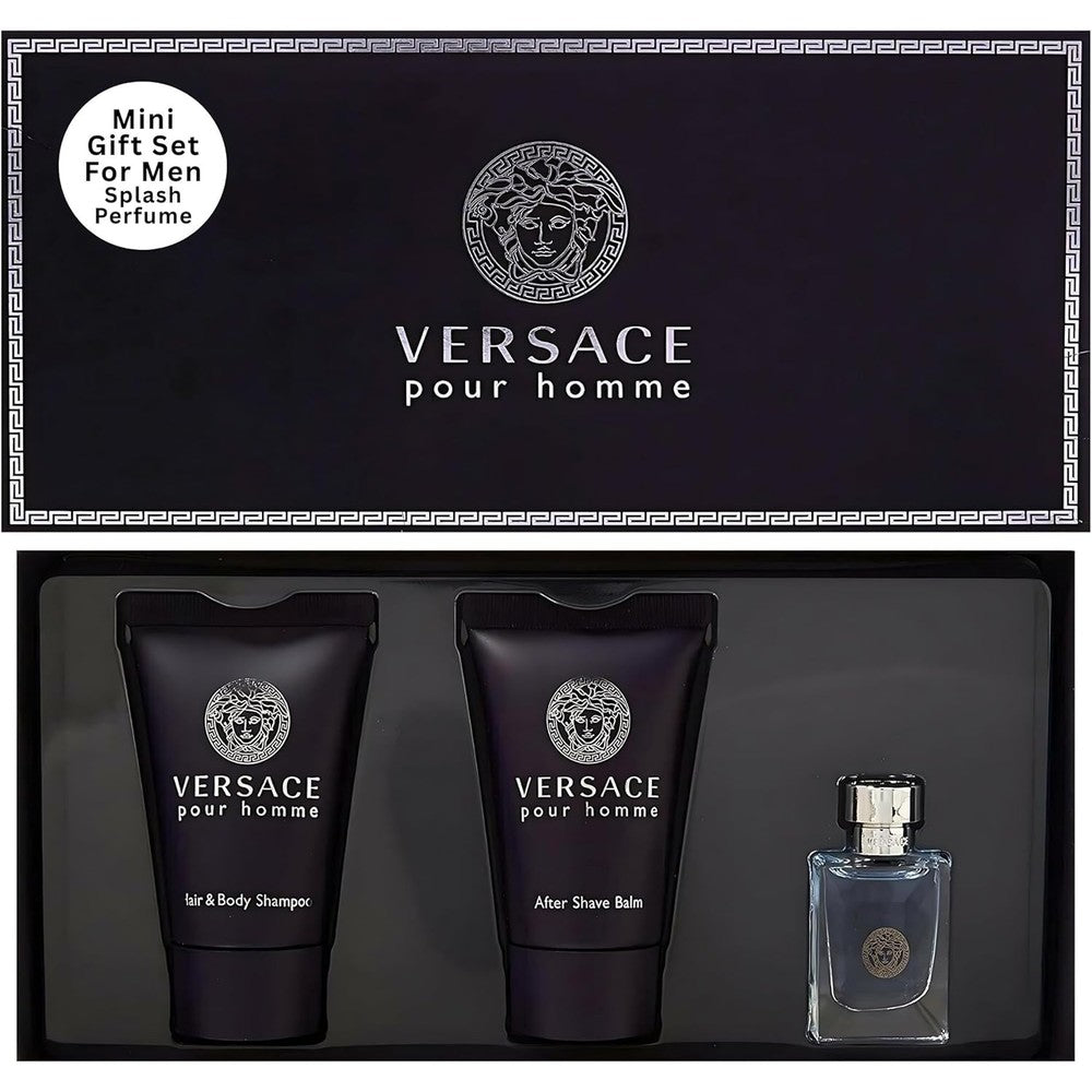 Versace Pour Homme 3 piece mini gift set for men showing the blue outer box packaging