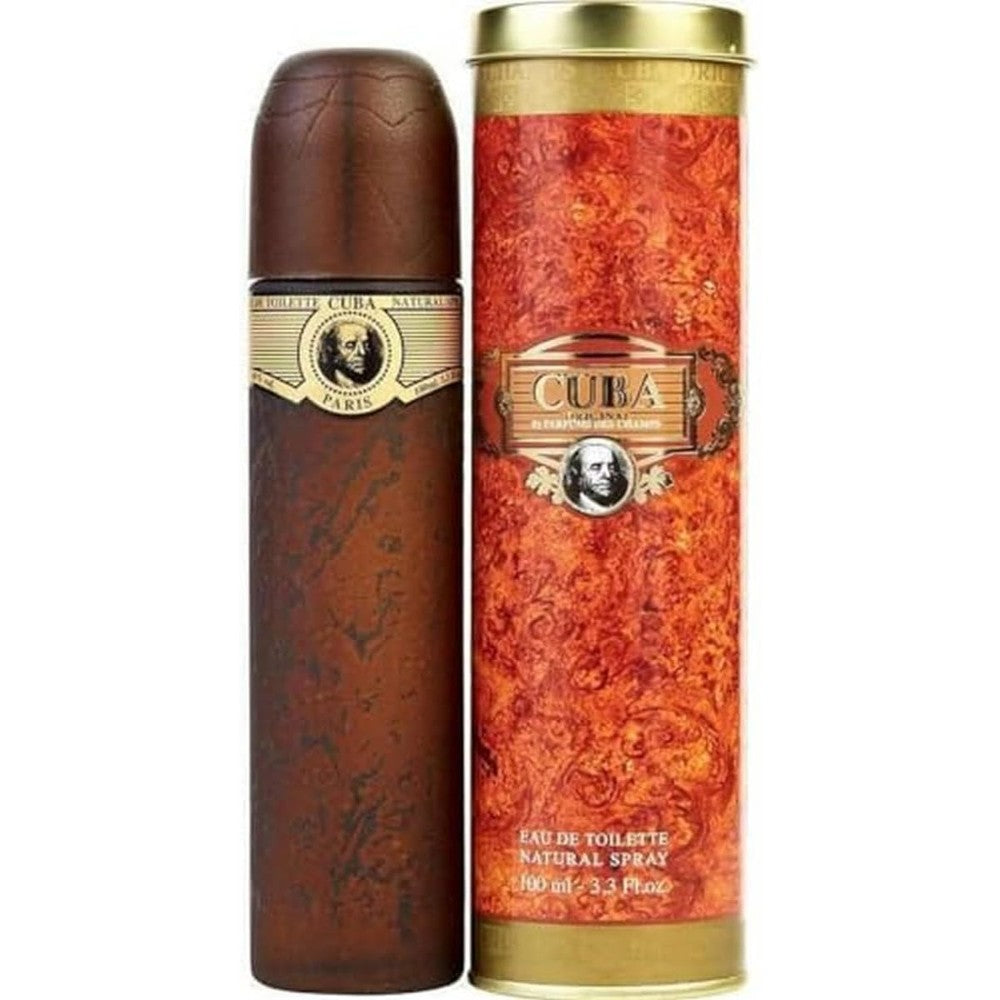 Cuba Gold Eau De Toilette Spray for Men 3.4 Ounce front view with signature cigar-shaped bottle and outer tin canister.