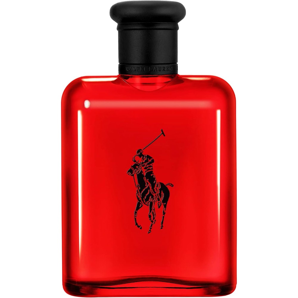 Ralph Lauren Polo Red Eau de Toilette front view of the iconic red bottle with a black cap