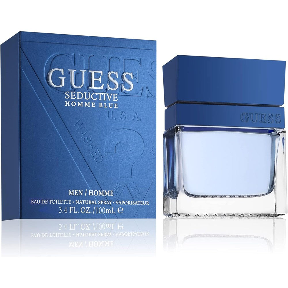 GUESS Seductive Homme Blue Eau De Toilette 100ml front view bottle showing the blue tint juice and modern masculine design