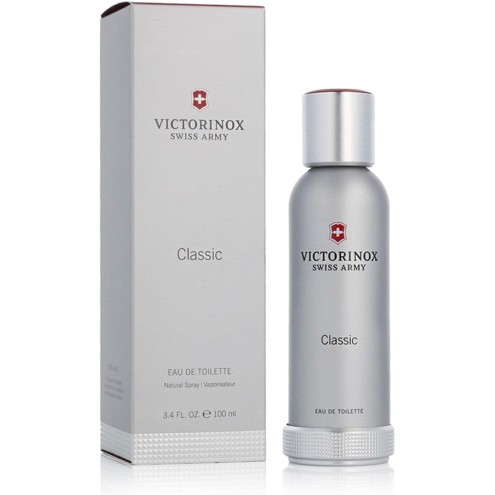 Swiss Army Classic Eau De Toilette Spray for Men 100ml front view showing metallic canister packaging.