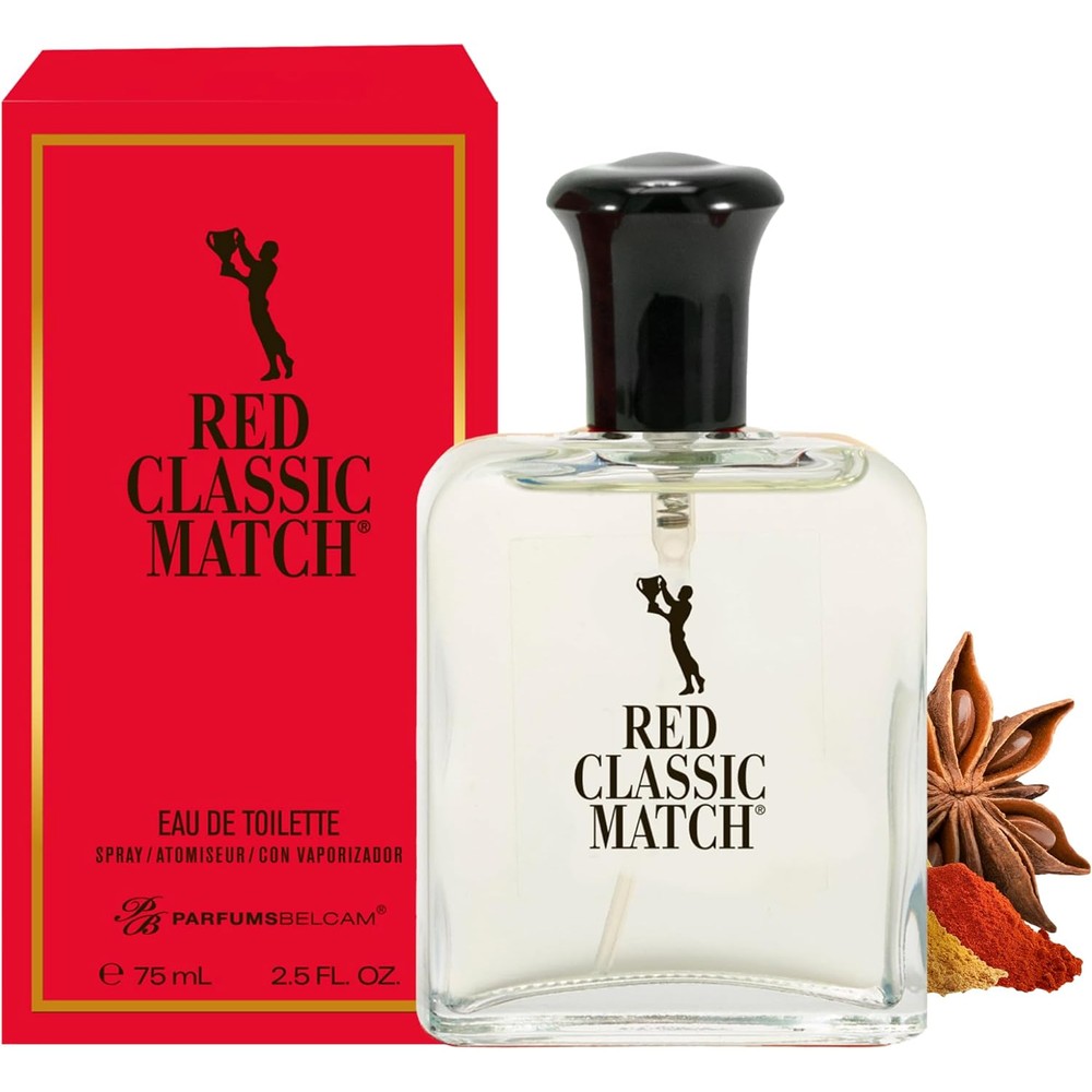 PB ParfumsBelcam Red Classic Match Eau De Toilette front view showing black cap and red masculine packaging design