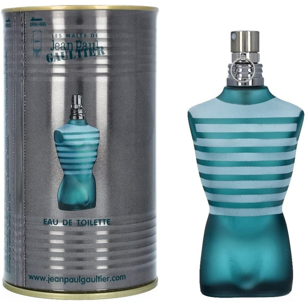 Jean Paul Gaultier Le Male Eau De Toilette 2.5 Ounce front view of male torso bottle in metal canister