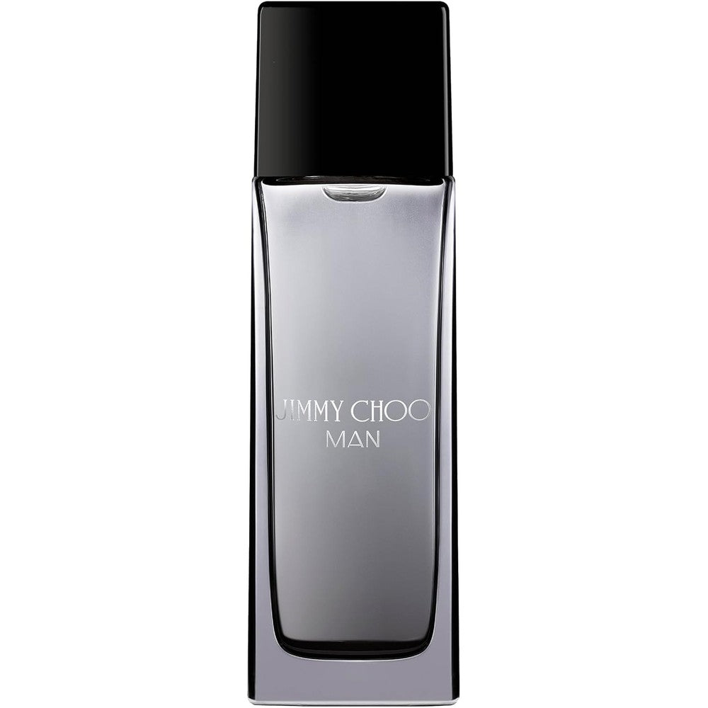 Jimmy Choo Man Eau De Toilette 100ml front view showing the sleek hip flask inspired grey metallic bottle and textured cap.