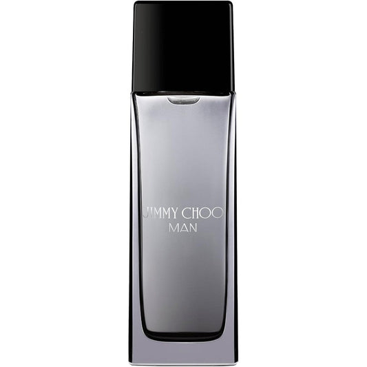 Jimmy Choo Man Eau De Toilette 100ml front view showing the sleek hip flask inspired grey metallic bottle and textured cap.