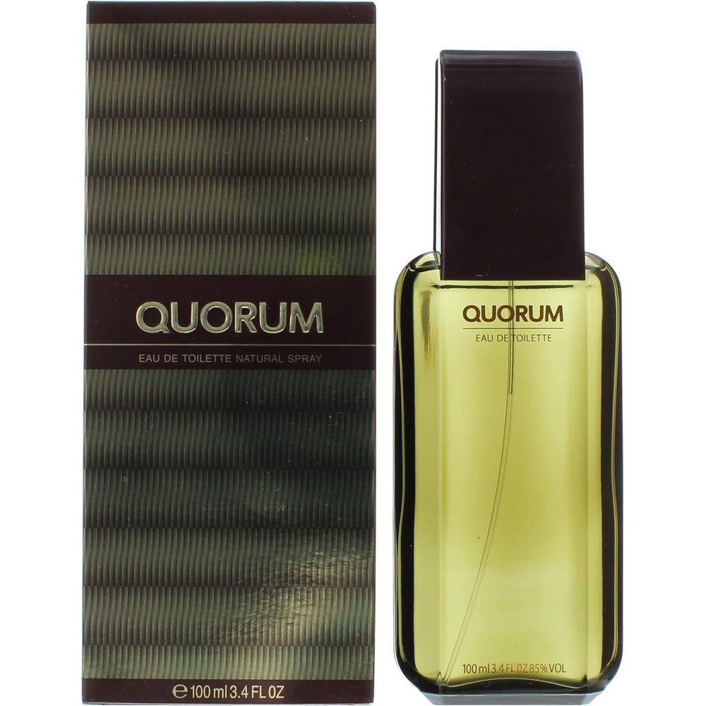 Antonio Puig Quorum Eau De Toilette for Men front view bottle showing green masculine packaging design