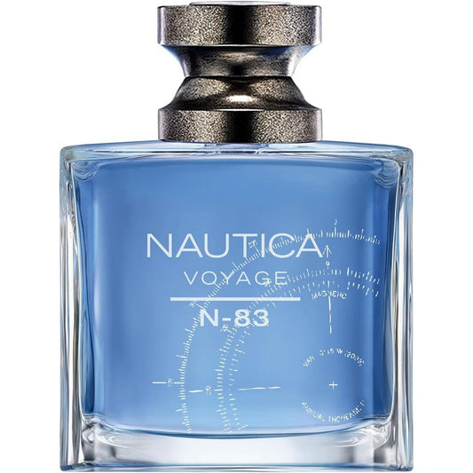 Nautica Voyage N83 Eau De Toilette Spray for Men 3.4 Ounce bottle front view showing blue liquid