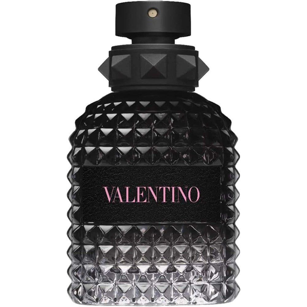 Valentino Uomo Born In Roma Eau De Toilette front view showing the black rockstud glass bottle