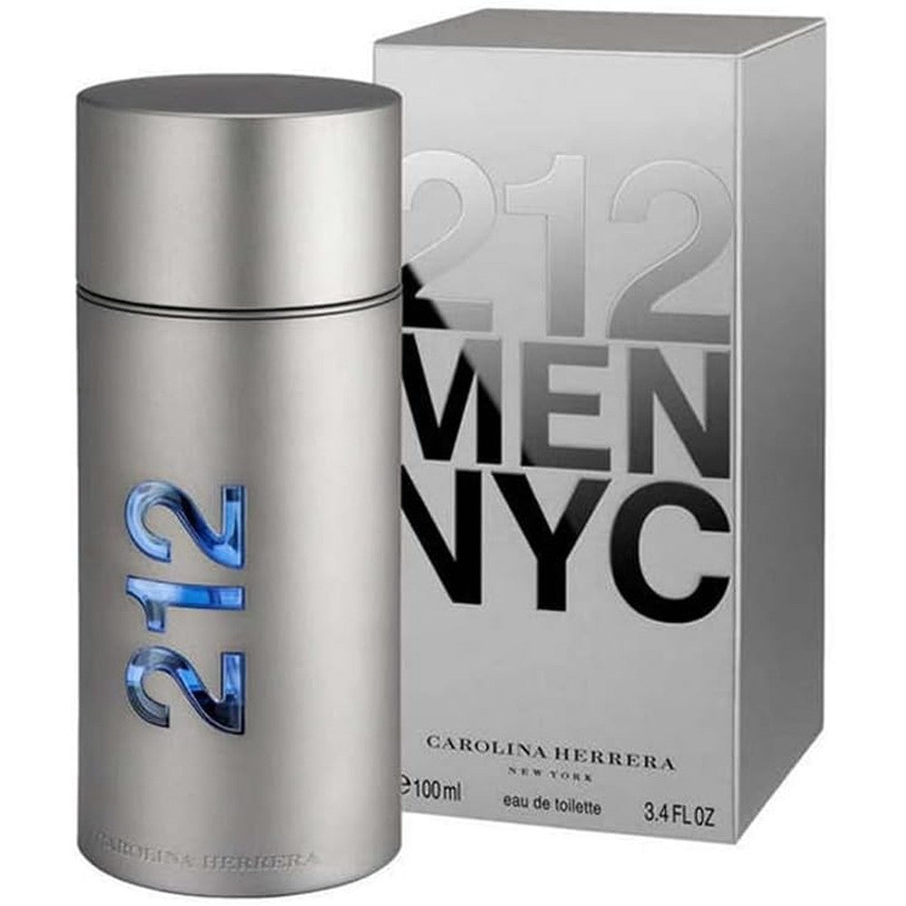 Carolina Herrera 212 NYC Eau De Toilette for Men 100ml front view of iconic metallic bottle design