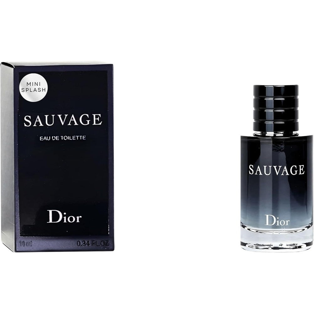 Dior Sauvage Perfume for Men Mini Eau de Toilette Splash front view of premium glass miniature bottle and dark blue packaging box.