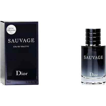Dior Sauvage Perfume for Men Mini Eau de Toilette Splash front view of premium glass miniature bottle and dark blue packaging box.