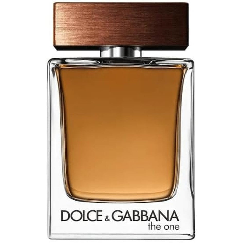 Dolce and Gabbana The One for Men Eau de Toilette bottle front view featuring warm amber liquid and a dark wooden cap.