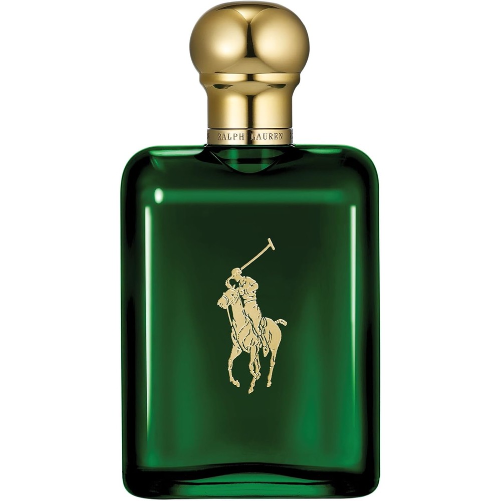 Ralph Lauren Polo Green Eau de Toilette bottle front view featuring the gold cap and iconic polo player logo.