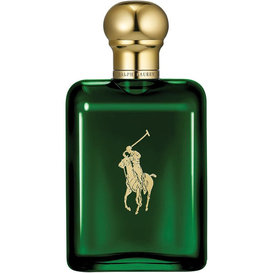 Ralph Lauren Polo Green Eau de Toilette bottle front view featuring the gold cap and iconic polo player logo.