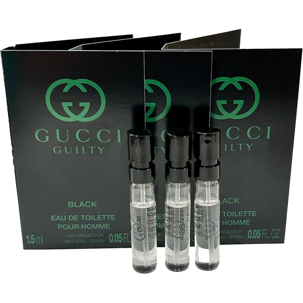 Gucci Guilty Black Pour Homme sample spray vial set front view showing premium black branding packaging