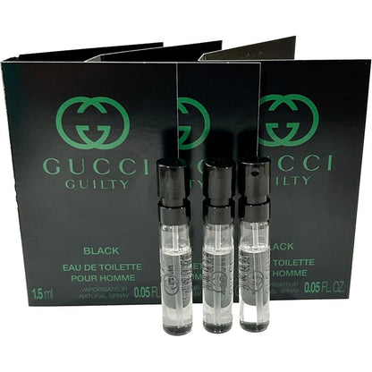 Gucci Guilty Black Pour Homme sample spray vial set front view showing premium black branding packaging