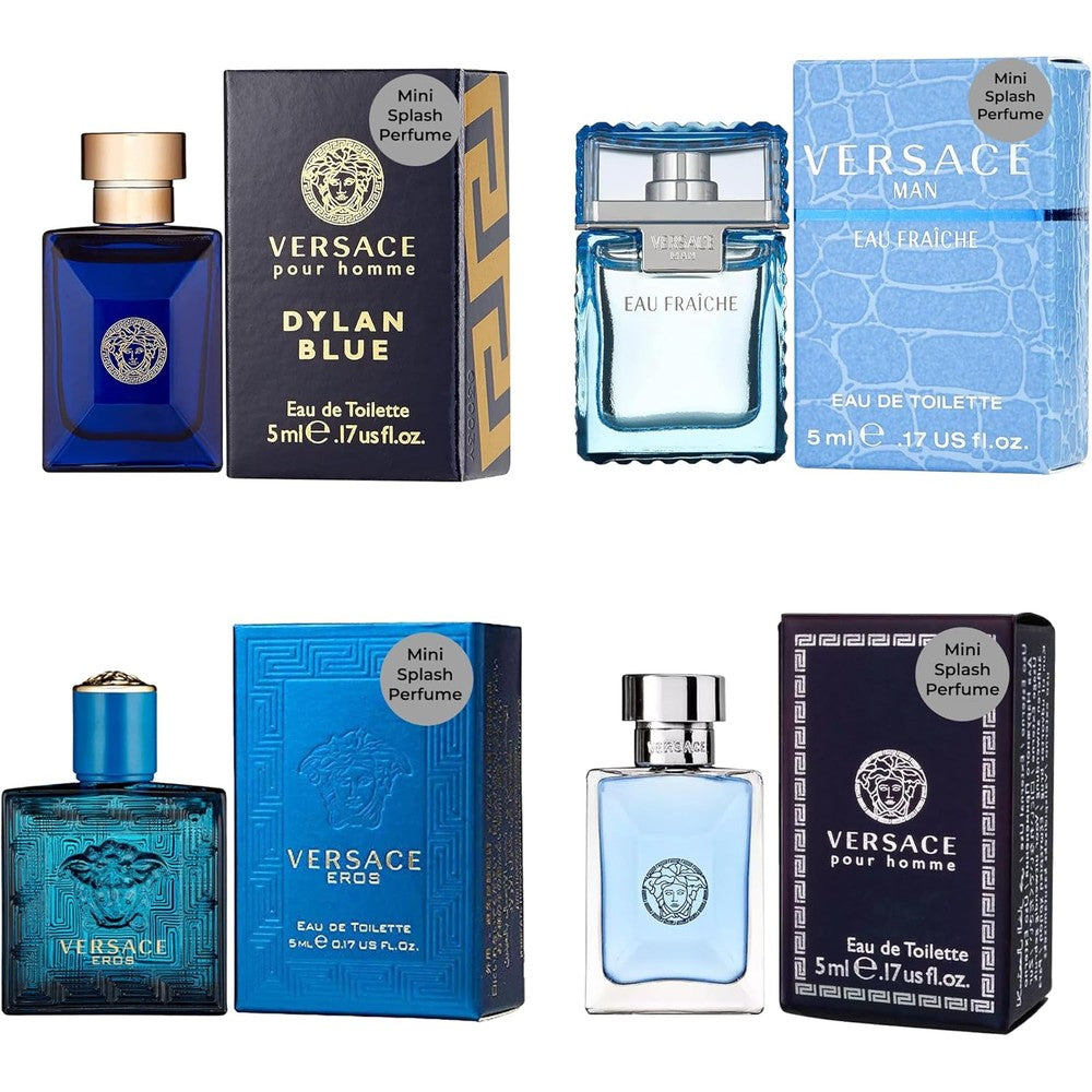 Versace Men Miniature Cologne Sampler Set front view showcasing four distinct designer bottles in luxury packaging.