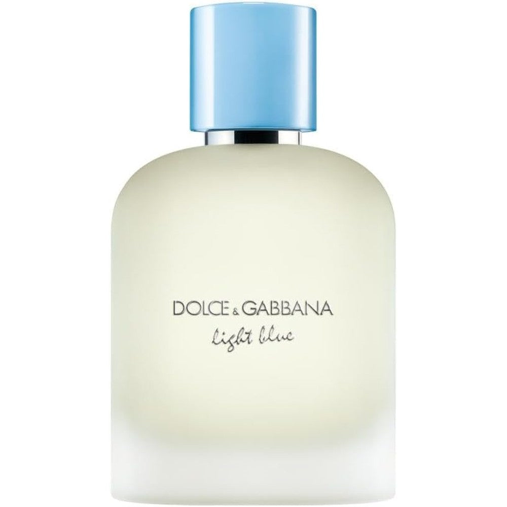 Dolce and Gabbana Light Blue Pour Homme Eau De Toilette spray bottle front view showcasing frosted glass design