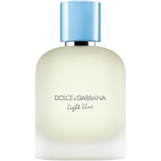 Dolce and Gabbana Light Blue Pour Homme Eau De Toilette spray bottle front view showcasing frosted glass design