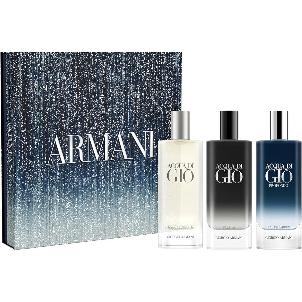 Armani Beauty Acqua di Gio Mens Cologne Trio front view showing three premium holiday sampler bottles