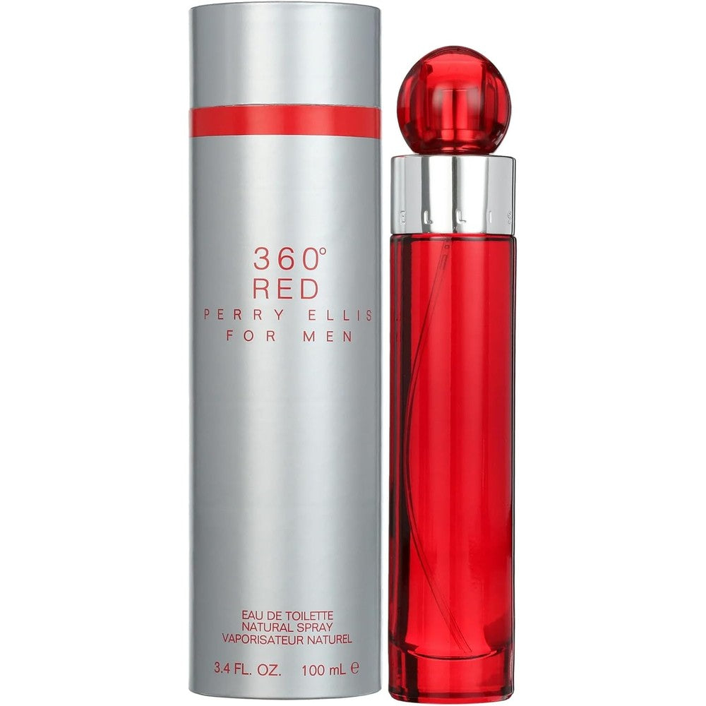 Perry Ellis 360 Degree Red Eau De Toilette Spray For Men front view showing the signature red bottle inside its protective silver canister.