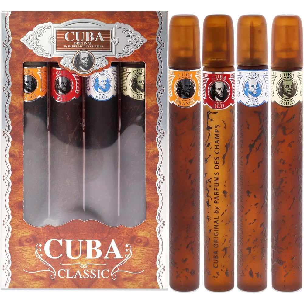 Cuba Classic Variety Eau De Toilette Cologne Gift Set front view displaying four cigar shaped bottles in a premium display case.