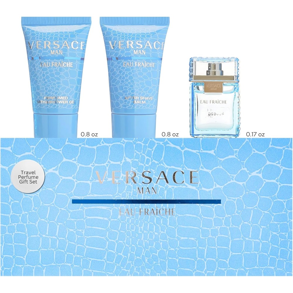 Versace Man Eau Fraiche Miniature Grooming Gift Set front view showcasing the blue packaging