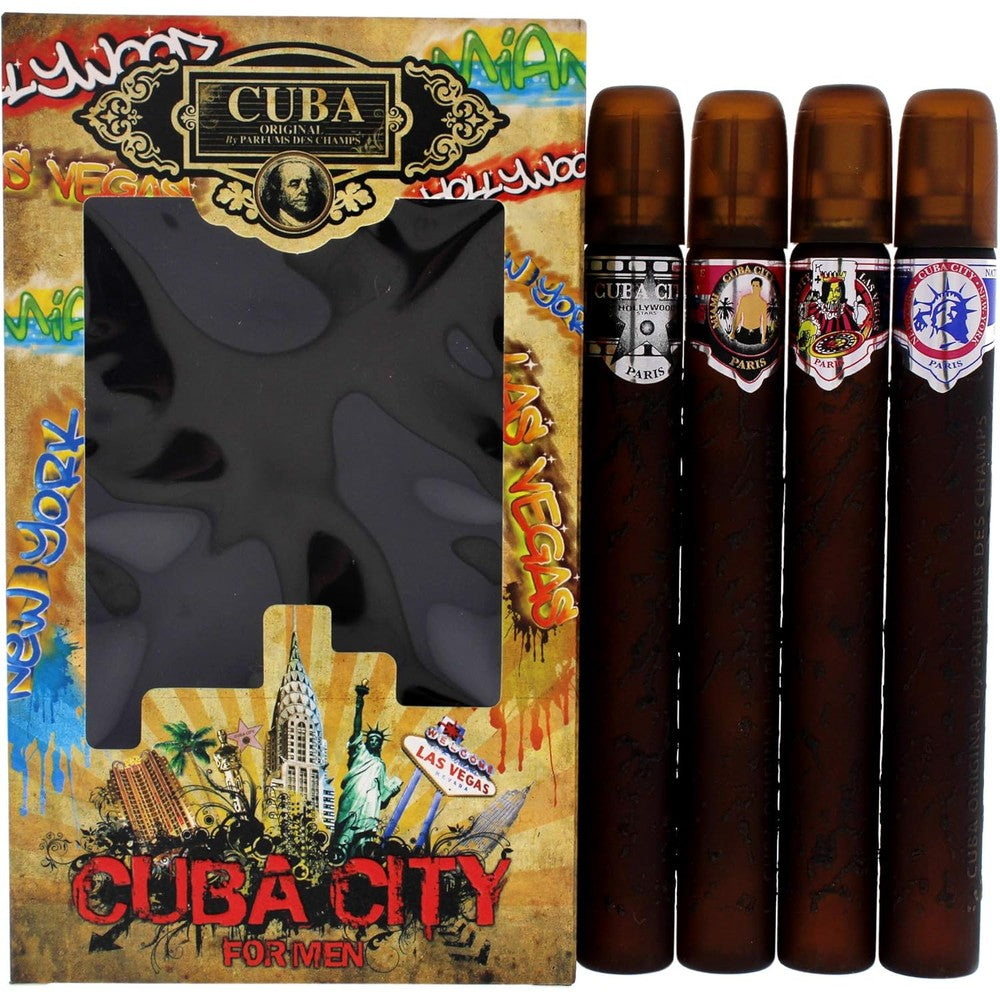Cuba Champs City Collection Eau de Toilette gift set front packaging showing four cigar-shaped bottles.