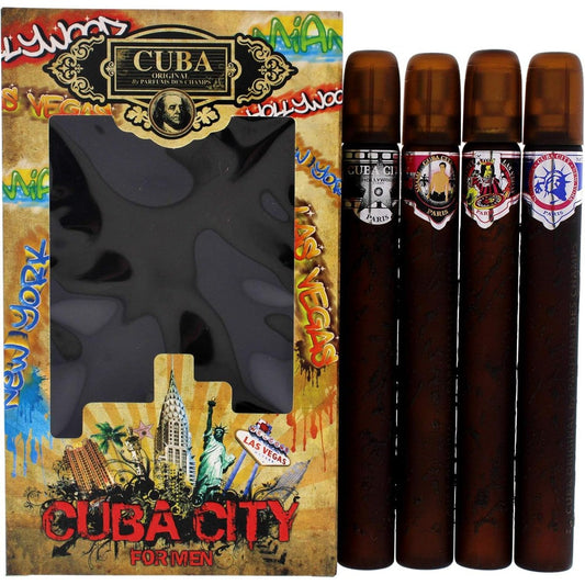 Cuba Champs City Collection Eau de Toilette gift set front packaging showing four cigar-shaped bottles.