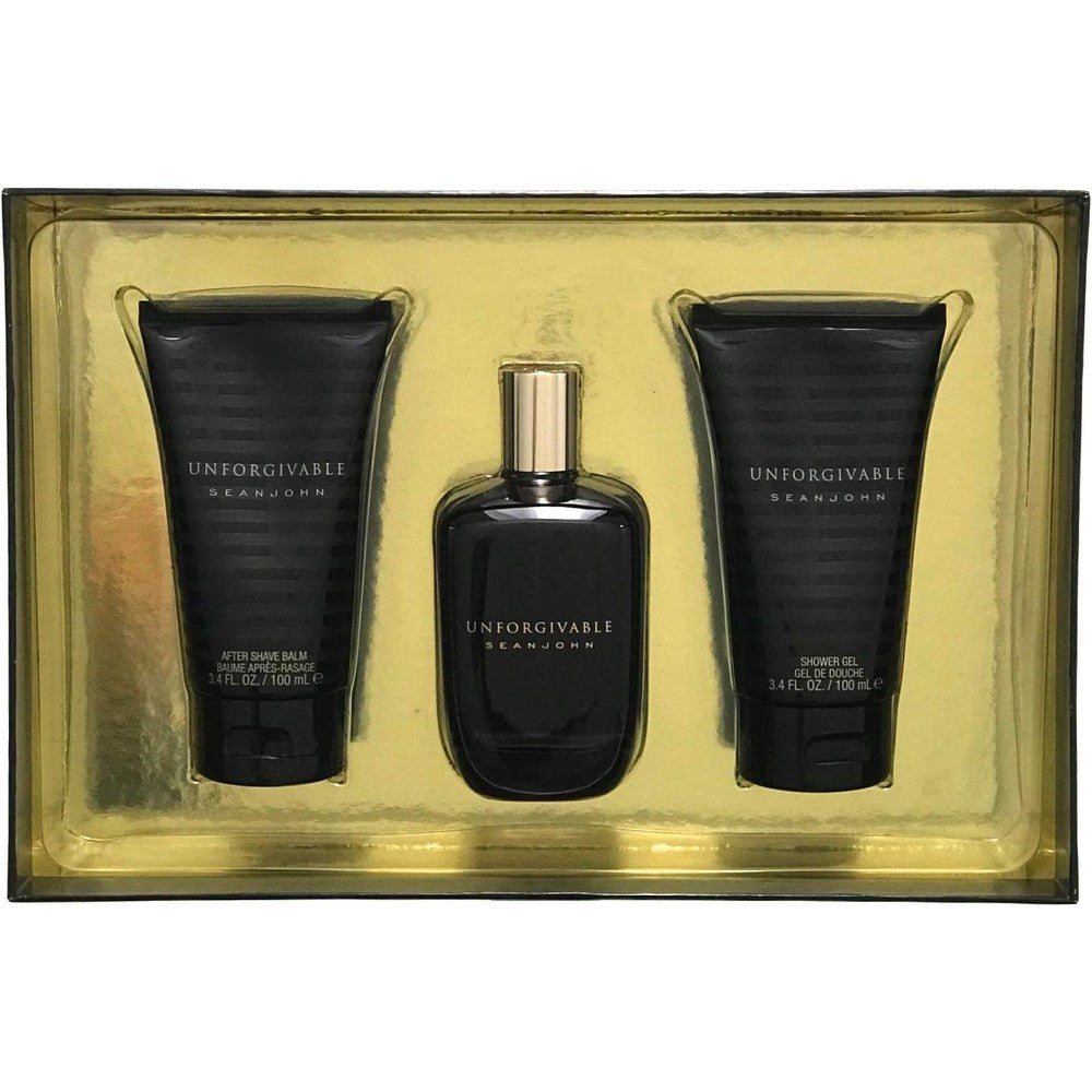 Sean John Unforgivable For Men Three Piece Gift Set front view showcasing cologne bottle shower gel and after shave balm packaging