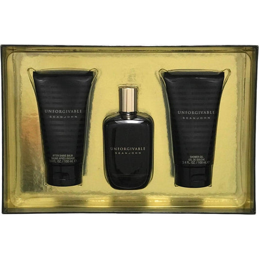 Sean John Unforgivable For Men Three Piece Gift Set front view showcasing cologne bottle shower gel and after shave balm packaging