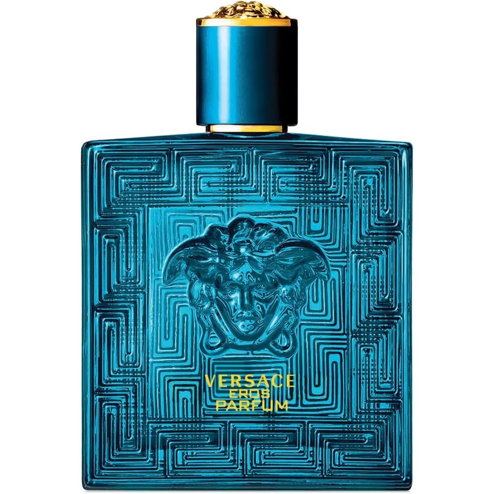Versace Eros Parfum Spray For Men 3.4 Ounce front view bottle showing geometric blue glass design.
