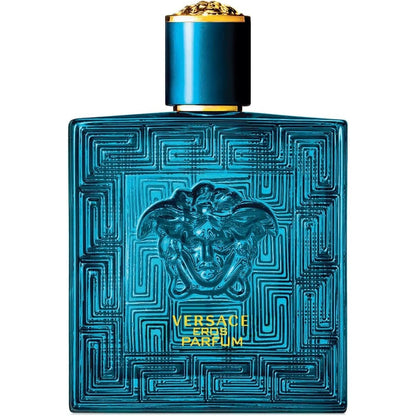 Versace Eros Parfum Spray For Men 3.4 Ounce front view bottle showing geometric blue glass design.
