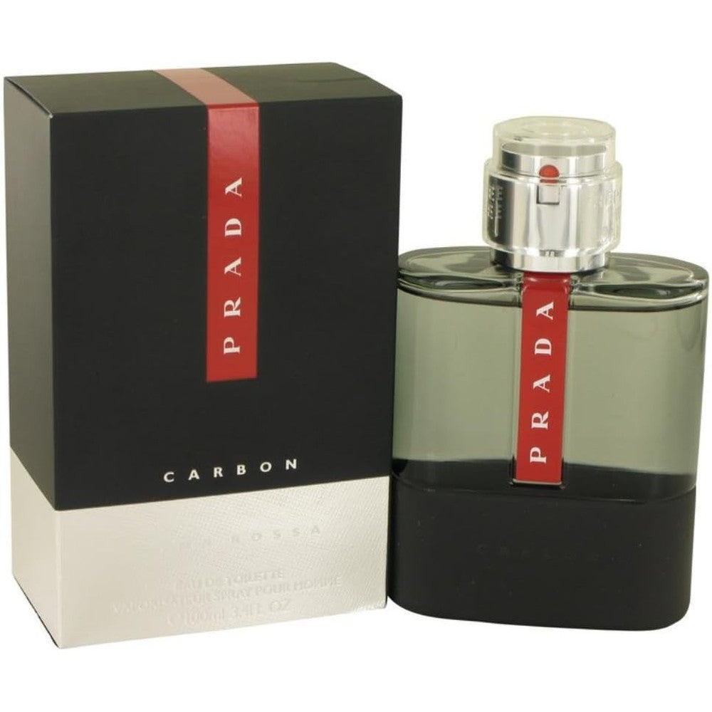 Prada Luna Rossa Carbon Eau De Toilette 3.4 Ounce front view bottle showcasing black textured base and red stripe logo.
