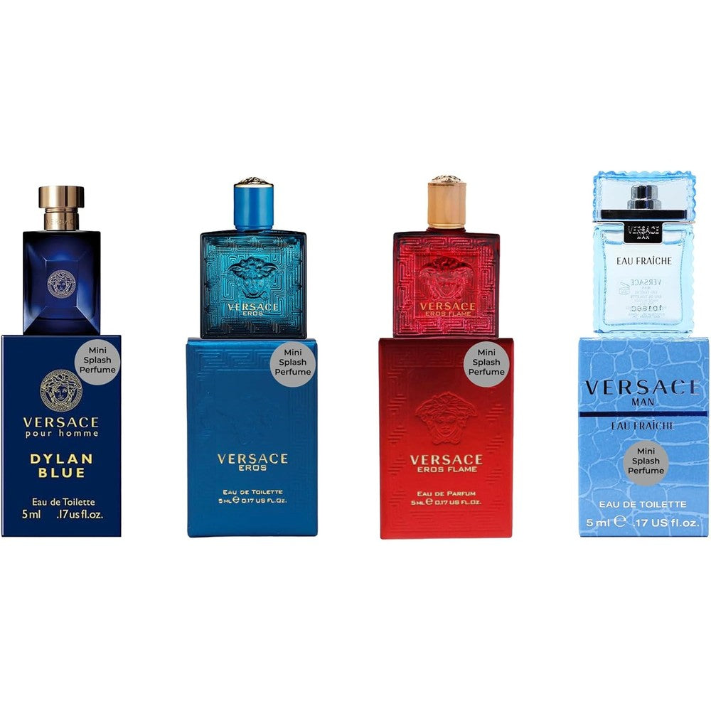 Versace 4 Piece Mini Gift Set for Men featuring four premium miniature perfume bottles in a luxury display box front view