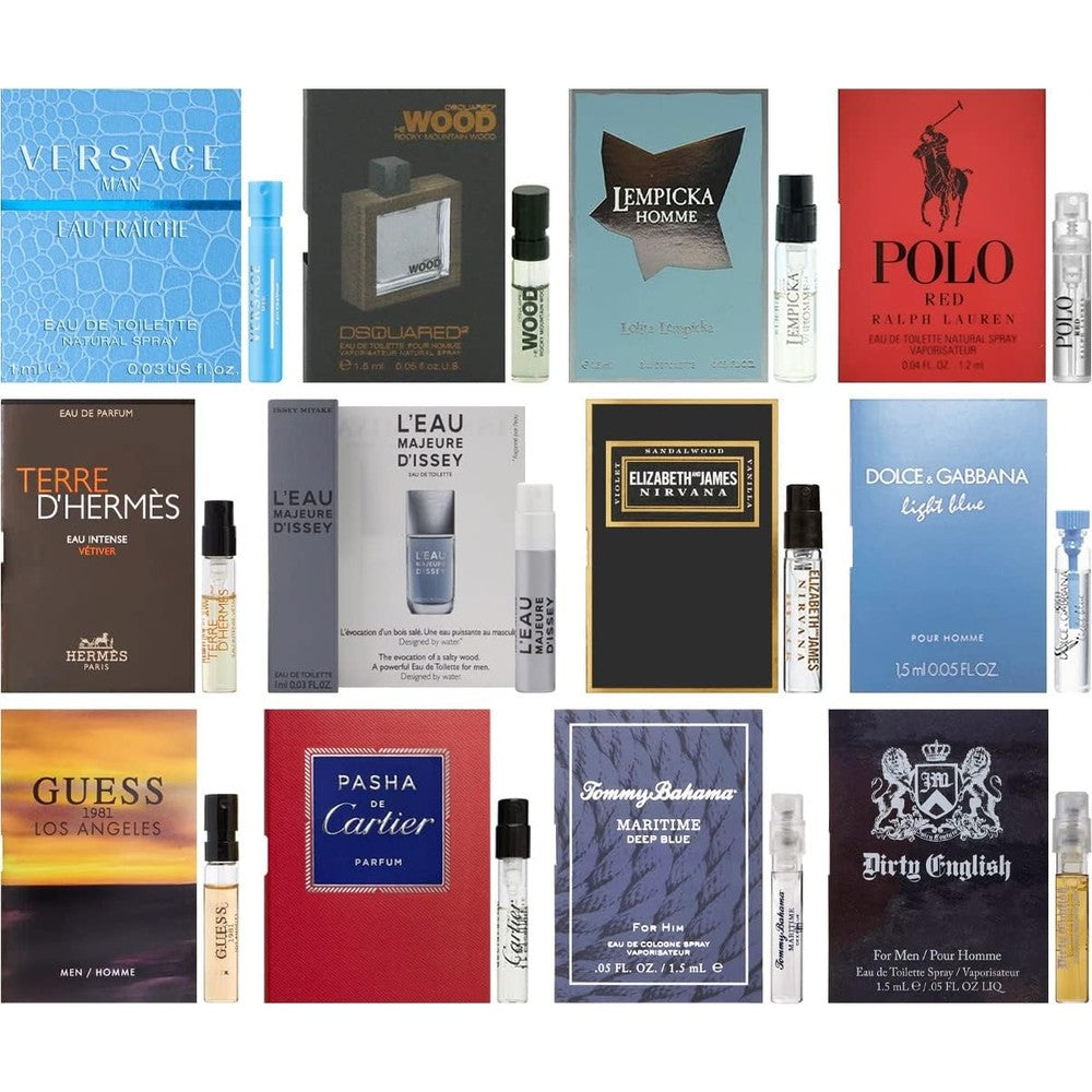 Cologne designer fragrance samples for men twelve piece discovery set front view showing a random selection of authentic travel vials.