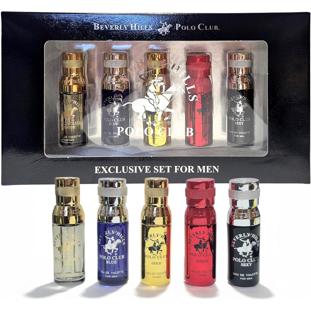 Beverly Hills Polo Club 5 Piece Mini Gift Set for Men showcasing five glass bottles inside premium packaging.