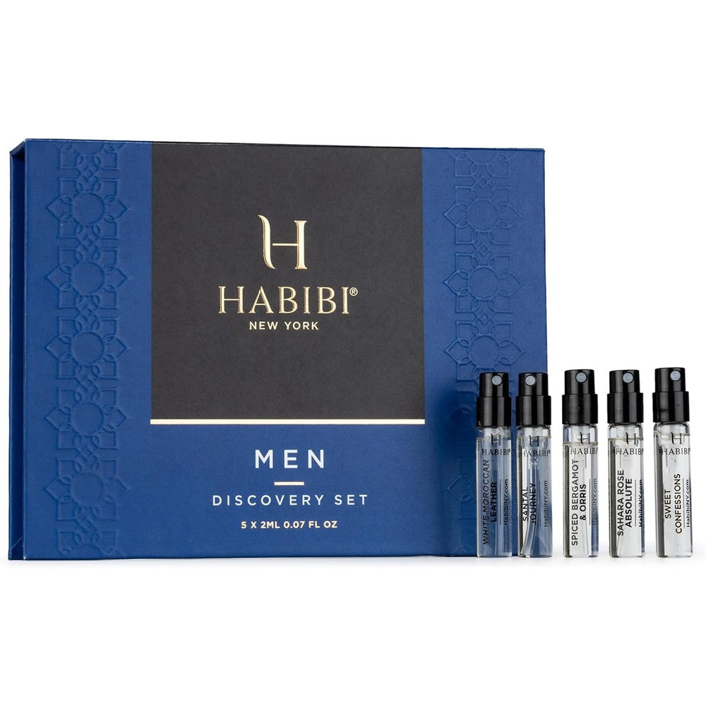 H Habibi Men Scent Discovery Sample Set front view showing premium packaging and five individual spray vials.