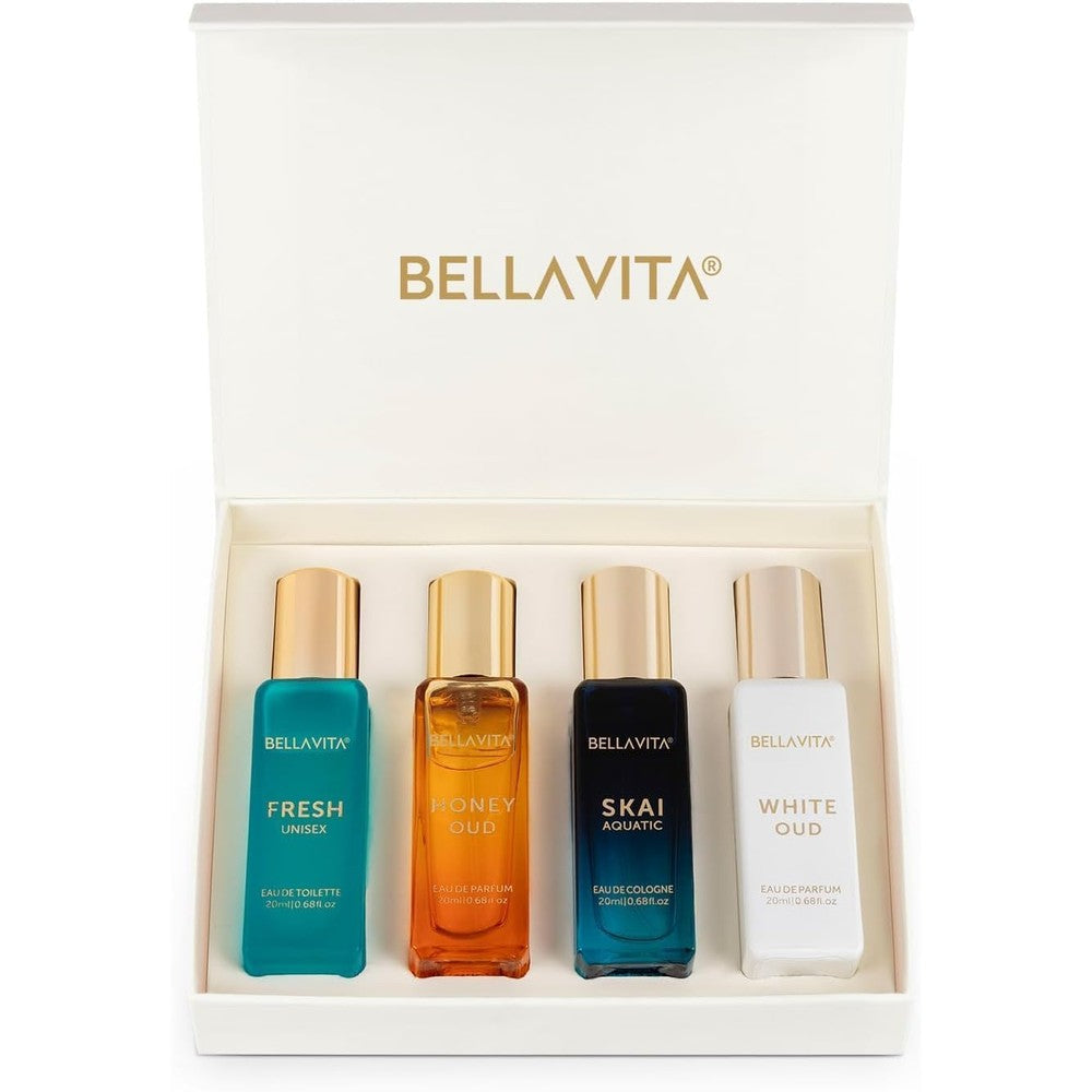 Bella Vita Luxury Unisex Perfume Gift Set front packaging view showing four mini bottles