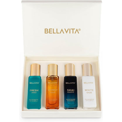 Bella Vita Luxury Unisex Perfume Gift Set front packaging view showing four mini bottles