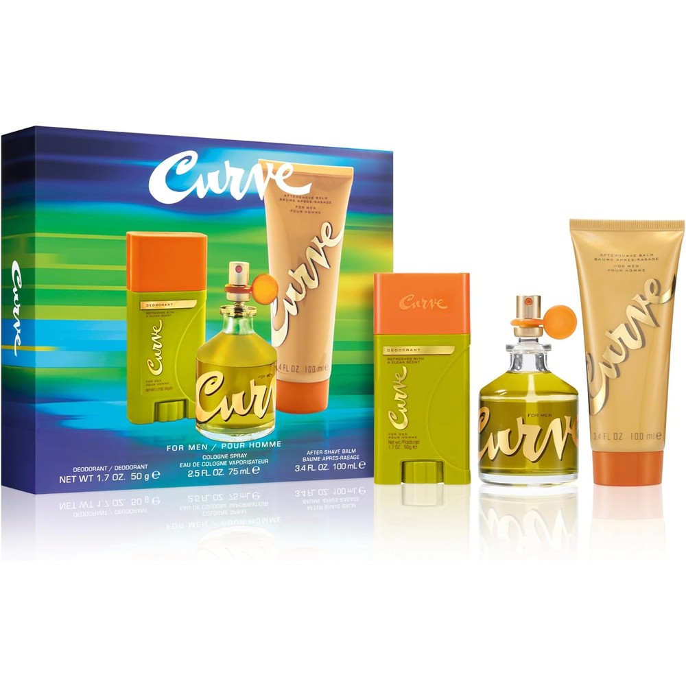 Curve for Men Three Piece Fragrance Gift Set front view displaying cologne bottle deodorant and aftershave balm packaging
