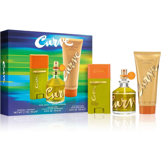 Curve for Men Three Piece Fragrance Gift Set front view displaying cologne bottle deodorant and aftershave balm packaging