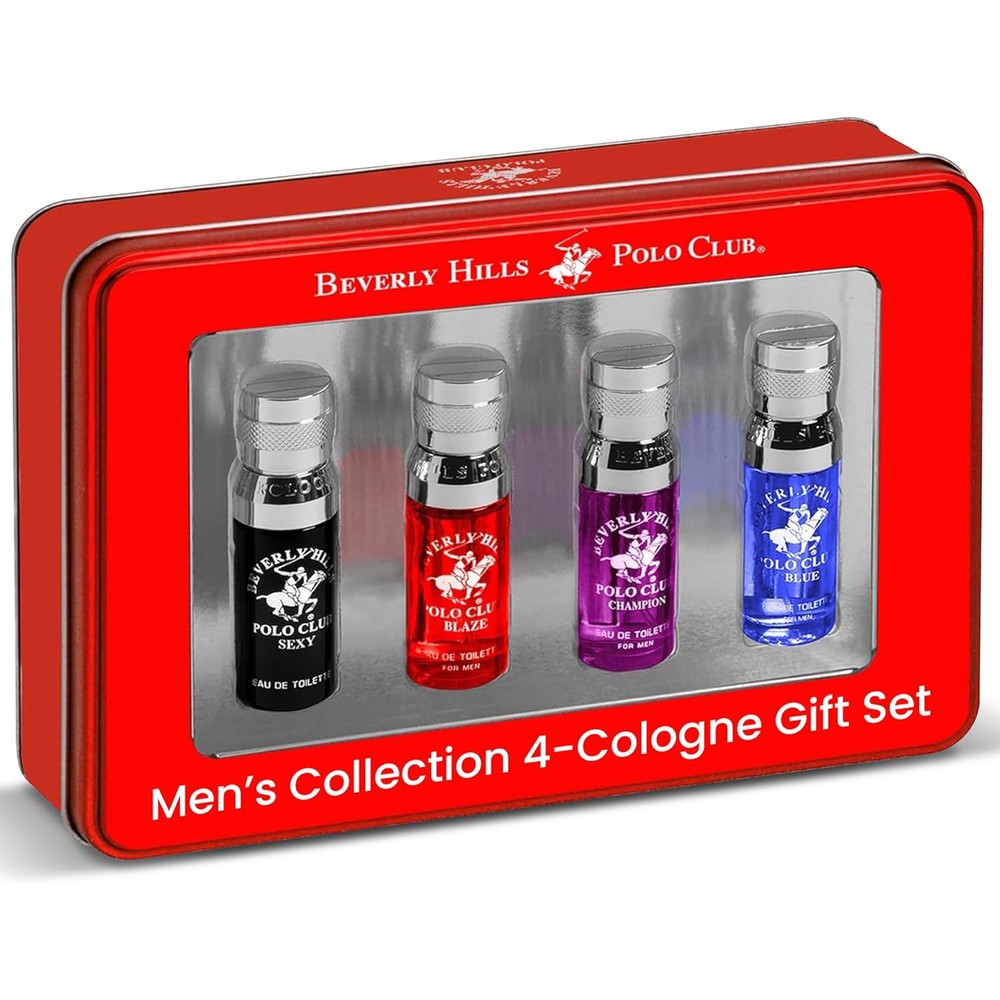 Beverly Hills Polo Club Men's 4-Cologne Gift Set front view in tin box