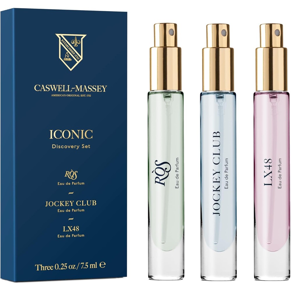 Caswell-Massey Iconic Discovery Set featuring three masculine travel size perfume bottles.