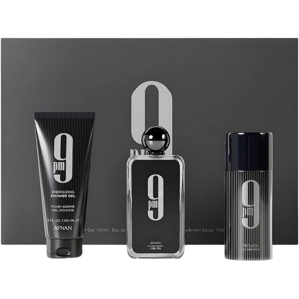 Afnan 9 PM three piece men gift set front view