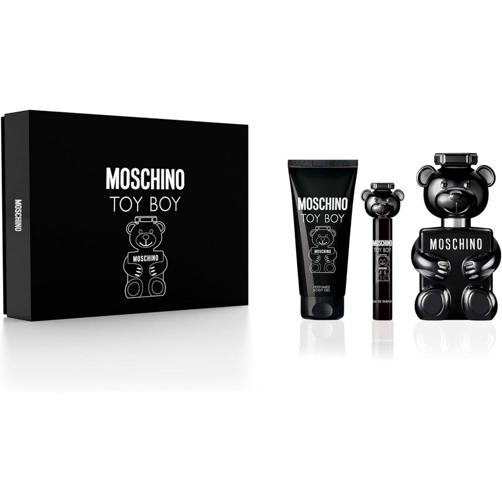 Moschino Toy Boy Men 3 Piece Perfume Gift Set front view with bottle and shower gel