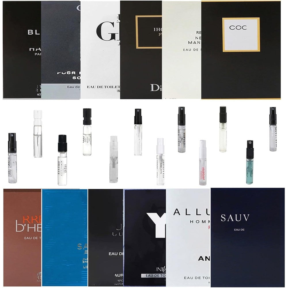 Carven men’s designer cologne sampler set featuring 12 travel-size perfume vials.
