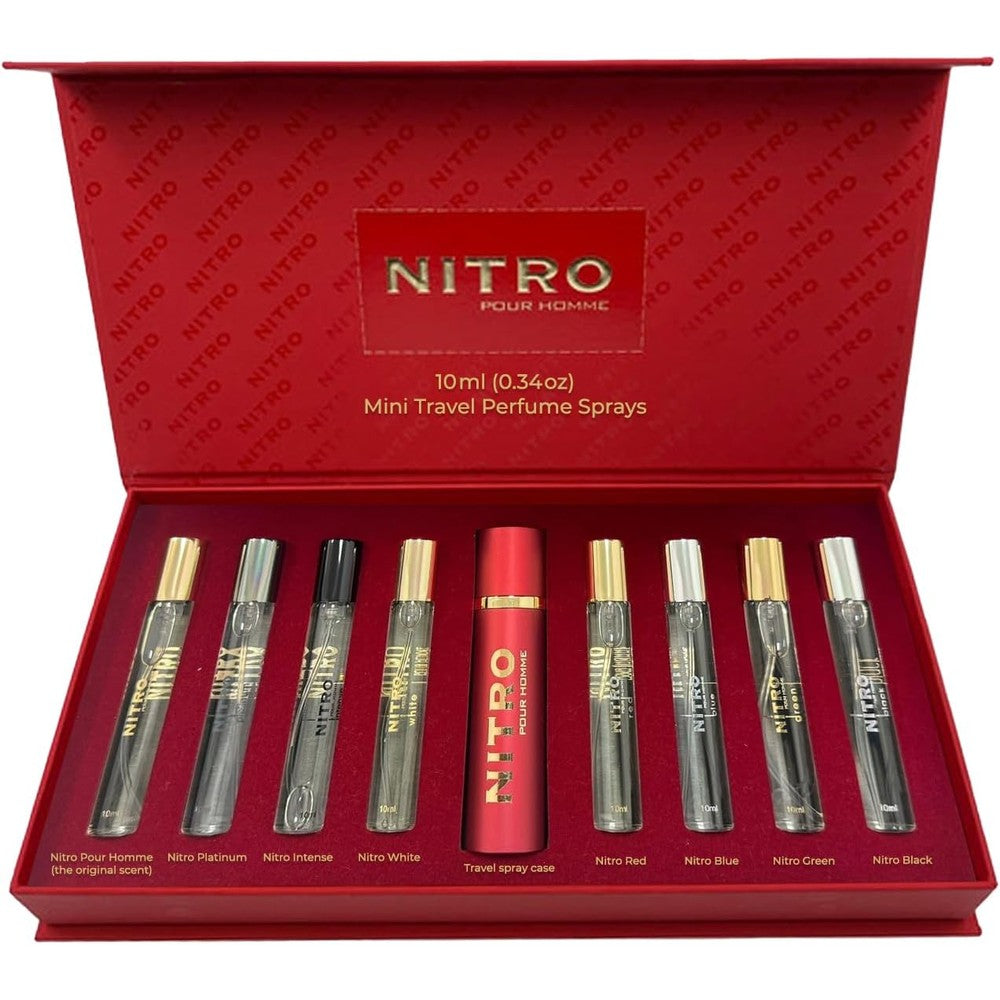 Dumont Nitro Pour Homme Perfume Discovery Set front view with 8 vials
