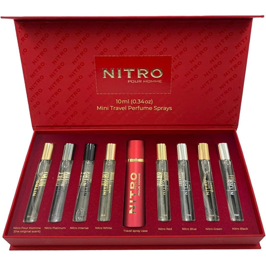 Dumont Nitro Pour Homme Perfume Discovery Set front view with 8 vials